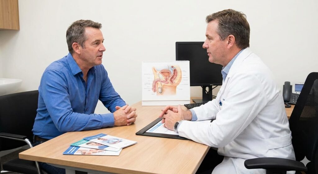 Specialized doctor explaining erectile dysfunction treatment Glencoe IL to patient.